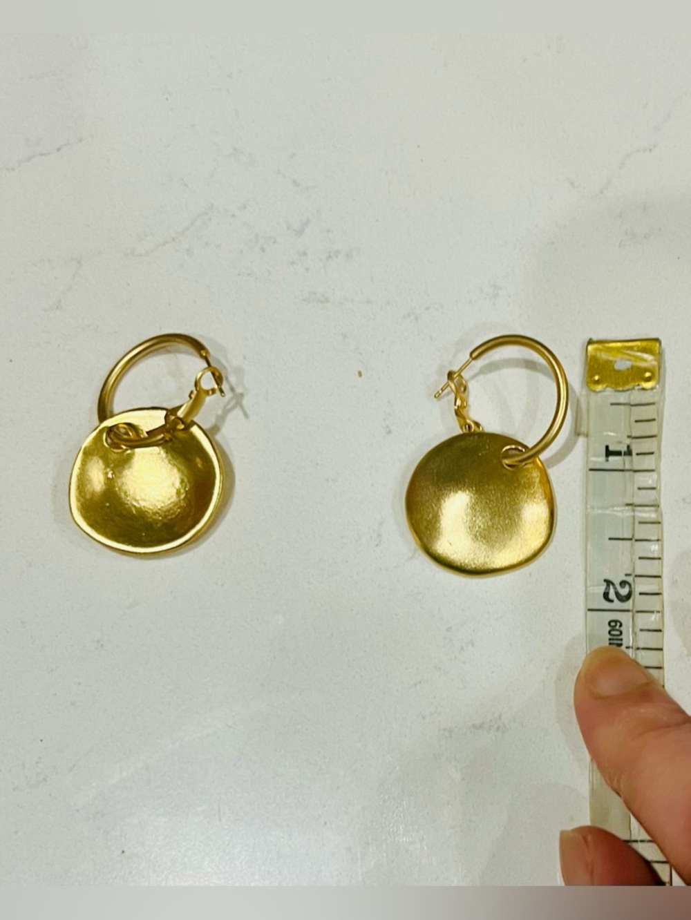 Vintage 1990s Matte Gold Disc Hoop Earrings Minimalist Designer Style - Picture 5 of 9